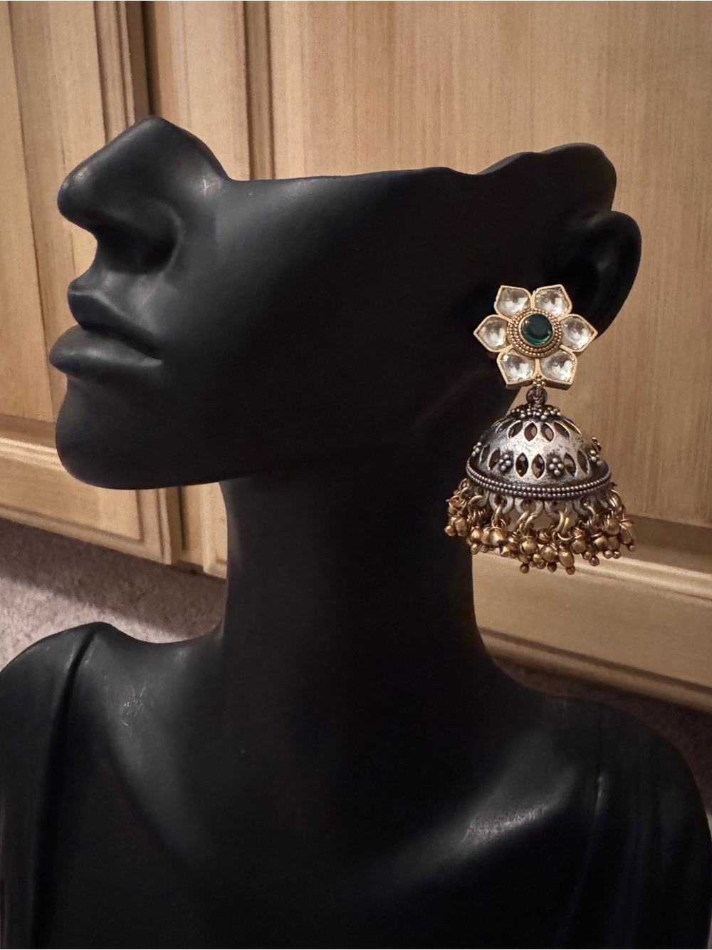 Floral Kundan Green & Gold Jhumka Earrings - Women Jewelry